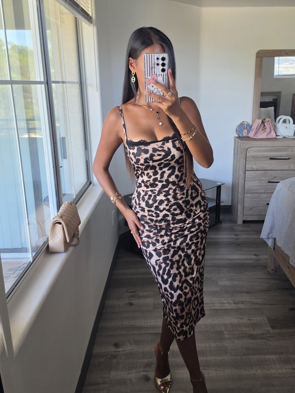 Leopard Print Slip Midi Dress - Nude/Black Very Stretchy